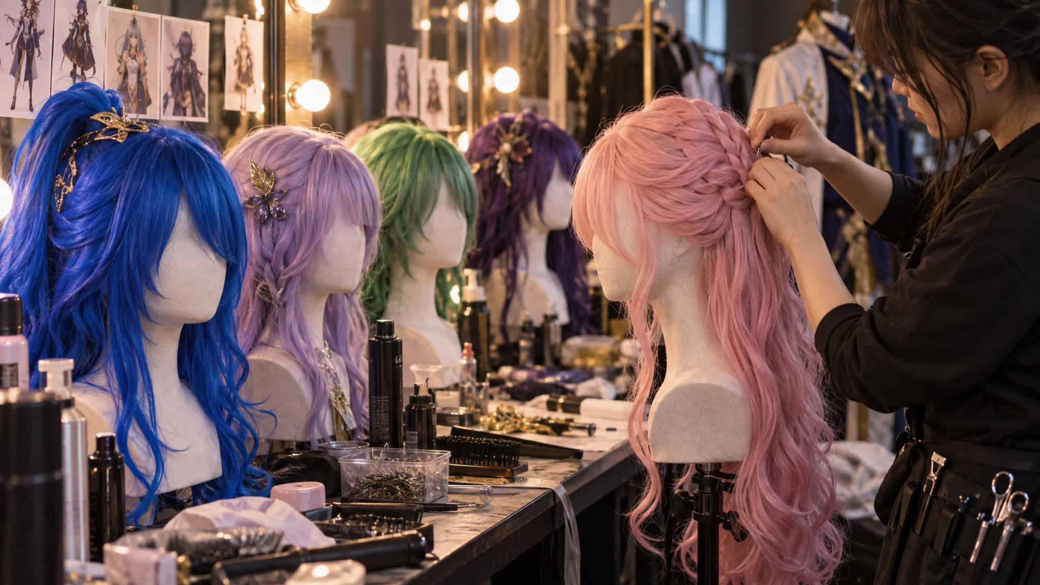 Colorful anime cosplay wigs on stands showing how wig choice defines a character