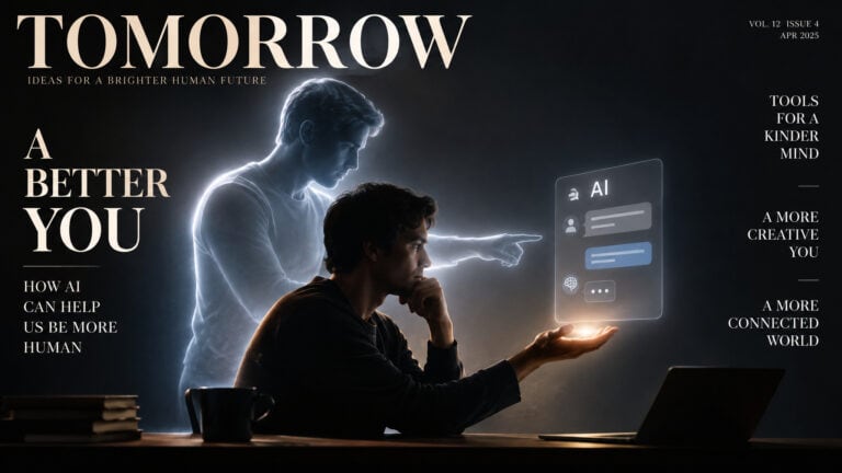 Young man using advanced AI interface on a transparent screen with a digital hologram in a dark room.
