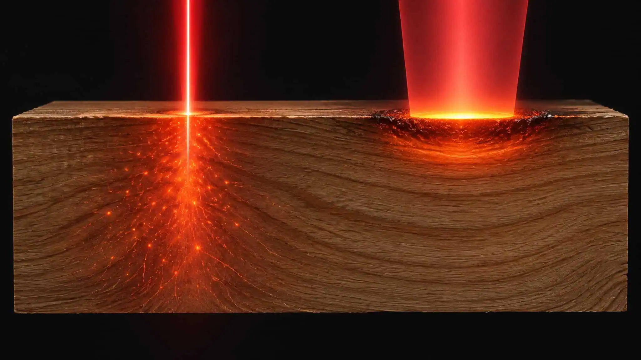 Fiber Laser Settings for Wood: Why the Chart Can't Exist (and What to Do Instead) 3 Diagram of 1064nm fiber laser light transmitting into wood while CO2 wavelength absorbs at the surface