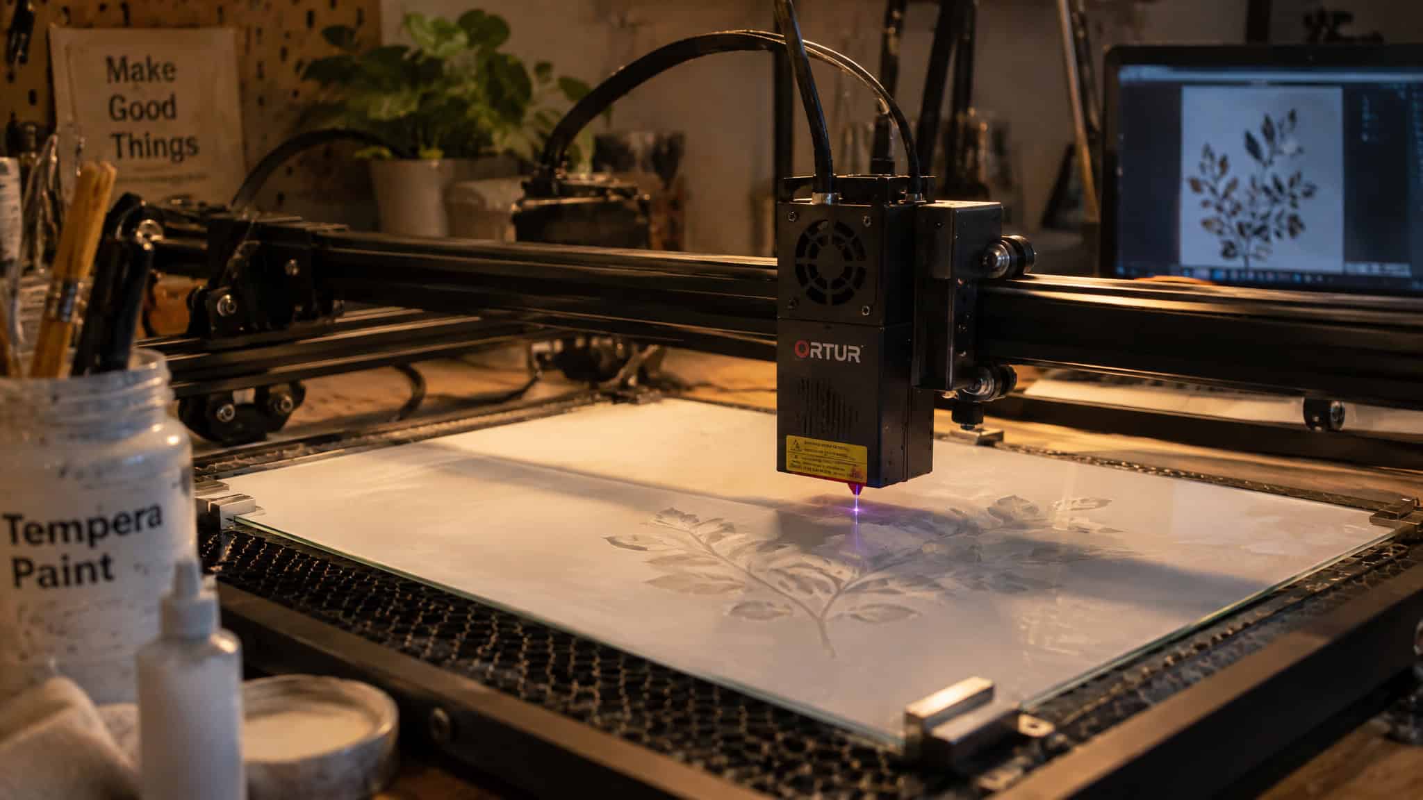 Can You Laser Engrave Glass? Yes — and Why the Same Beam Can't Cut It 3 10W diode laser engraving frosted design on tempera-painted glass pane