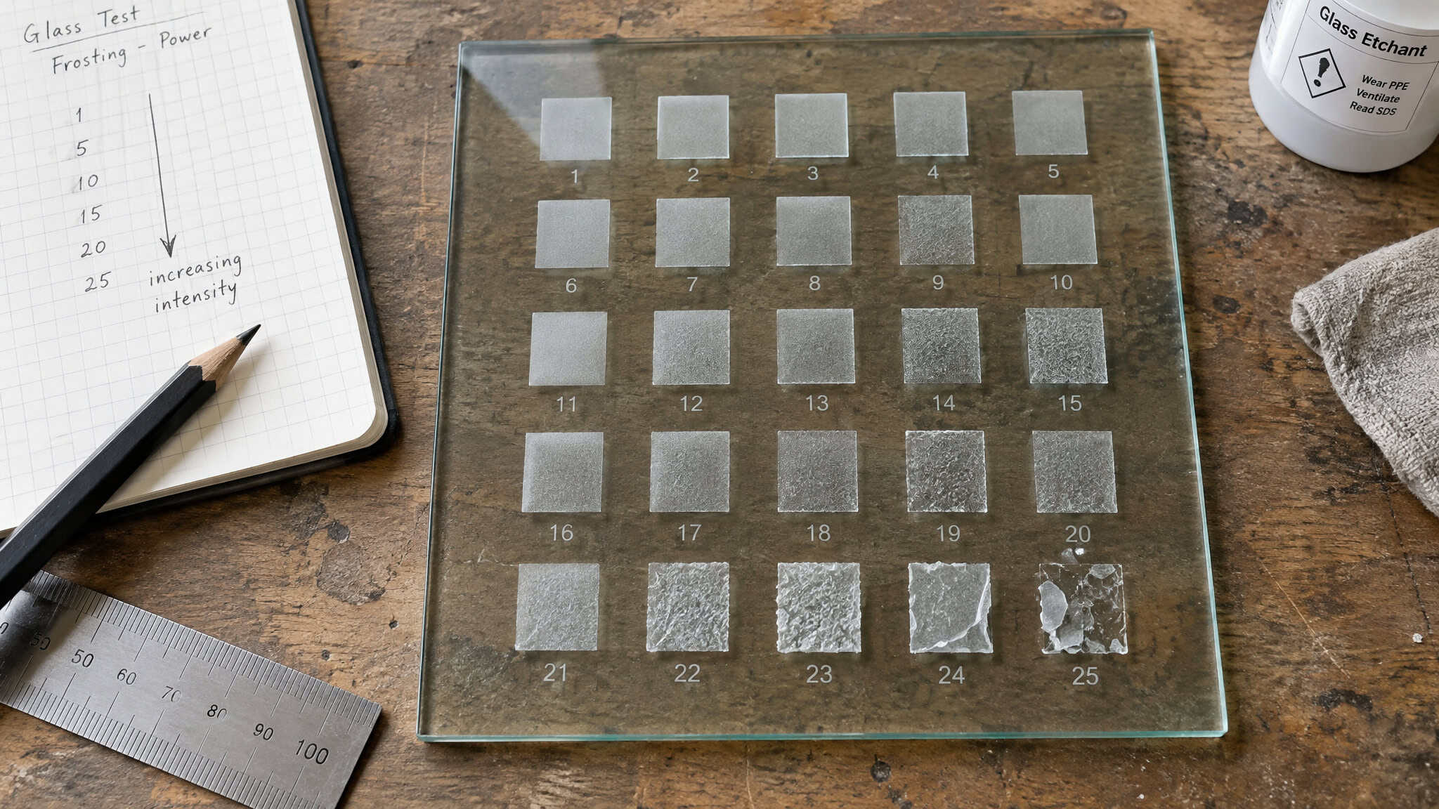 Laser Engraving Glass Power Settings: Tested Starting Points by Wattage (40W–100W CO2) 4 5x5 test grid of laser settings engraved on scrap glass for dialing in a machine