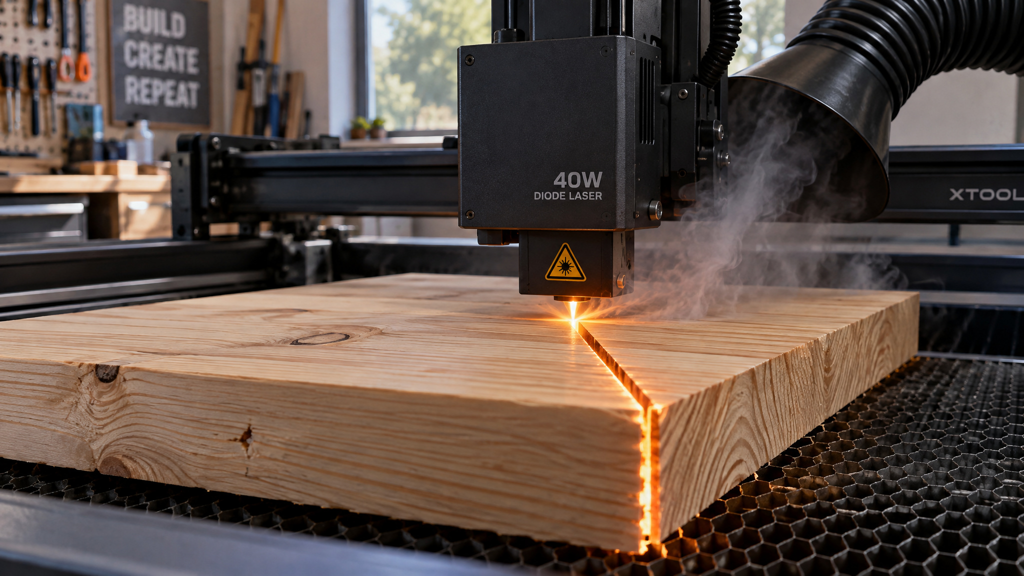 40W diode laser cutting thick pine board in a single pass on a honeycomb bed