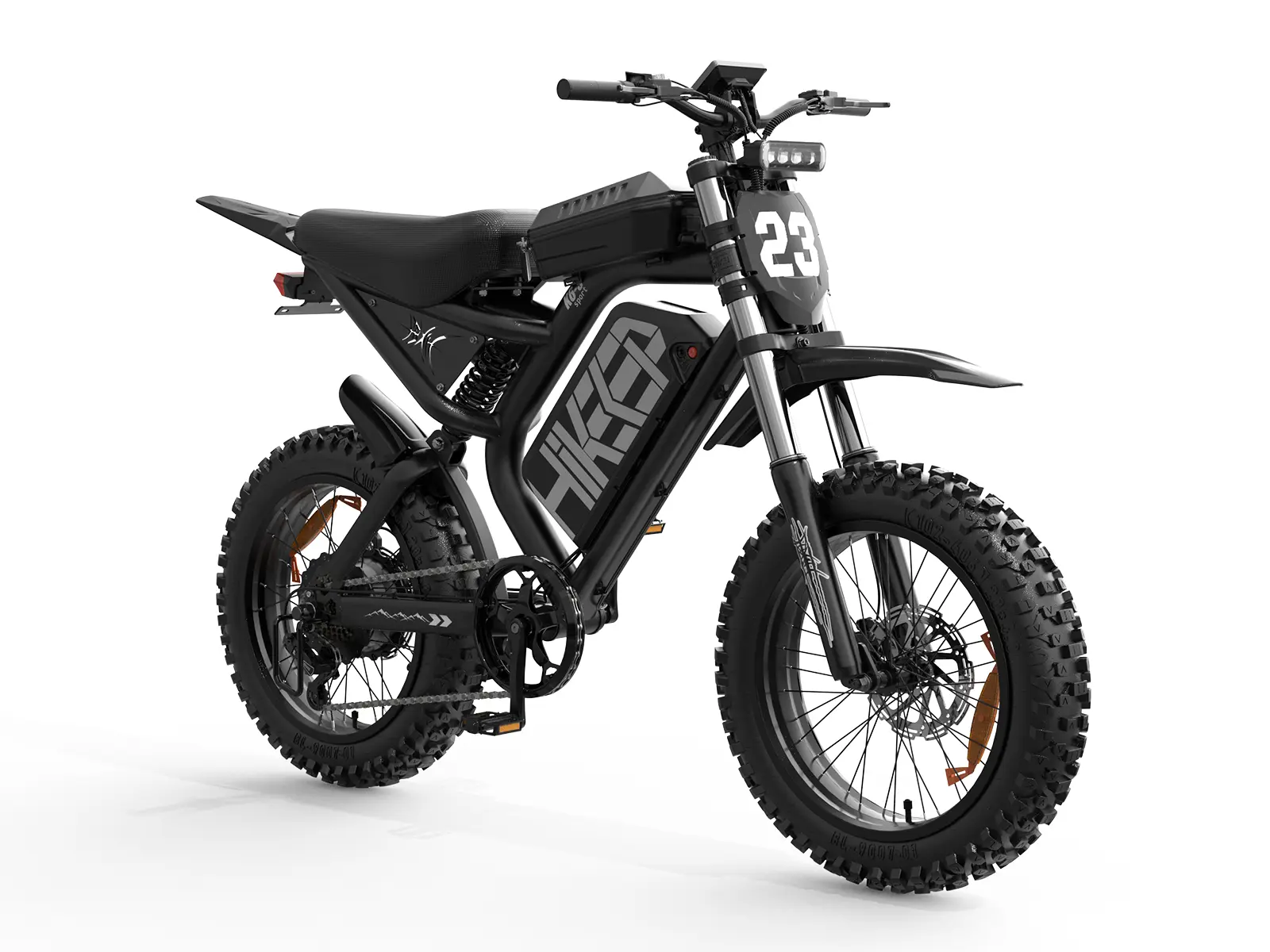 Hikeep K6S Electric Dirt Bike Review: 3000W Claim vs ~2000W Reality 2 Hikeep K6S electric dirt bike with aggressive knobby tires, black frame, white graphics, number 23 plate, and rugged front fork on a white background.