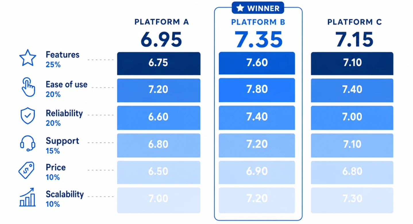 How to Choose the Right Digital Signage Software: A Shortlist Method That Fits on One Page 2 Comparison chart showing Platform A, Platform B, and Platform C with feature scores and sub-scores across ease of use, reliability, support, price, and scalability.