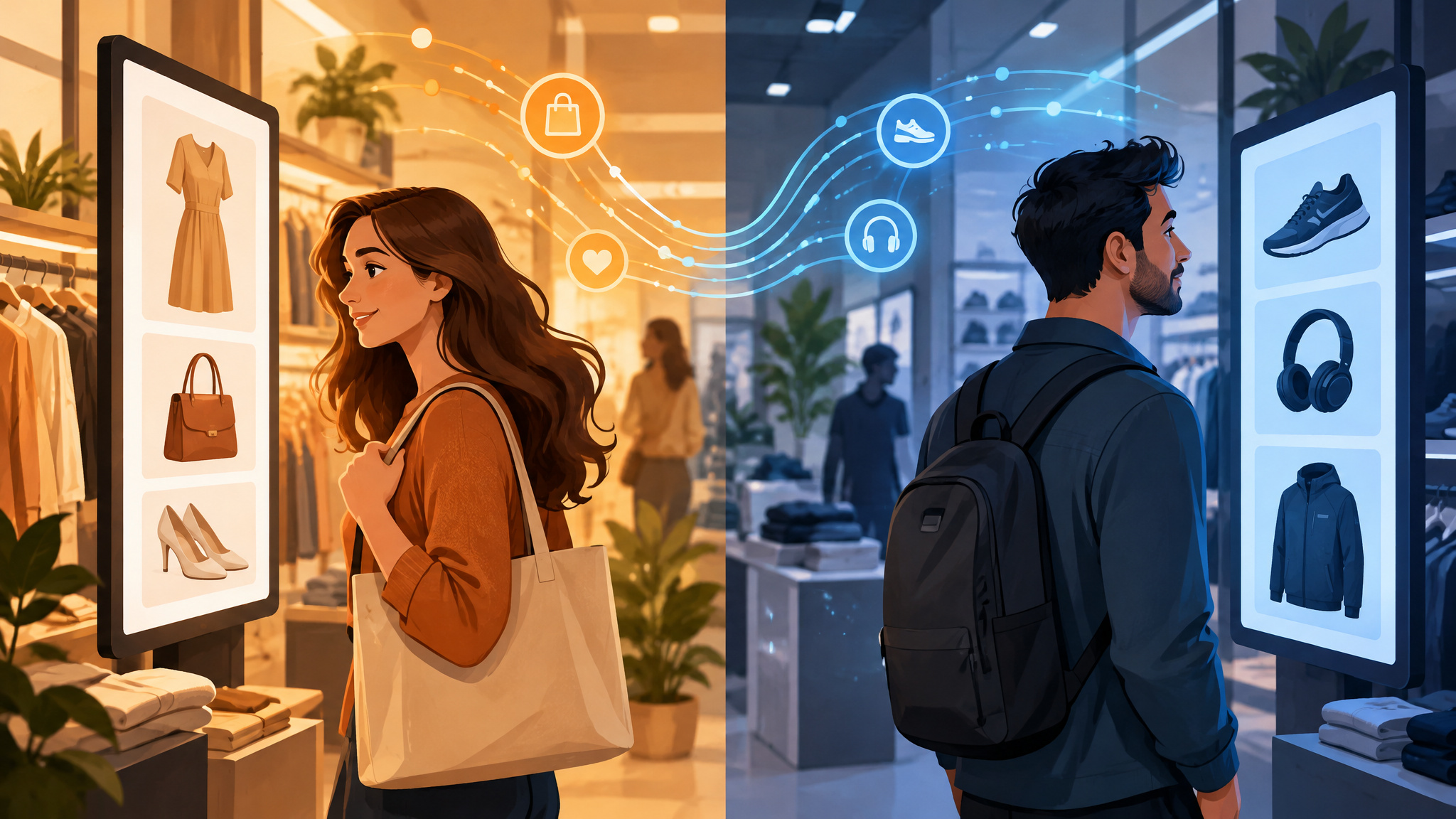How Automation Is Changing the Way Consumers Shop and Pay — From Palm Scans to Stores That Charge You as You Walk Out 3 AI personalization showing two shoppers in the same store different products based on their behavior data
