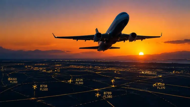 A commercial airplane flying at sunset over a cityscape with illuminated streets and a vibrant orange sky.