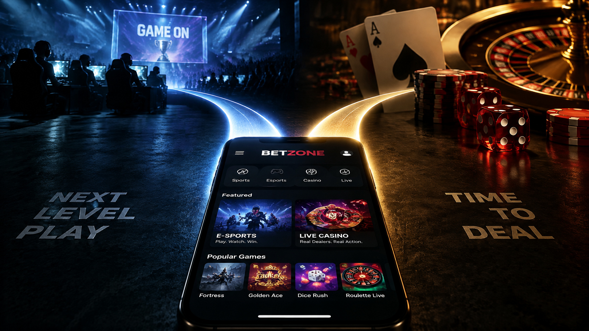 GeeksExtreme image featuring a casino scene with roulette, poker, neon lights, and a mobile betting app screen.