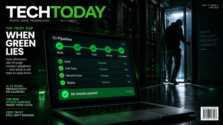 A person monitoring cybersecurity checks on a laptop screen in a data center with green digital interface elements.