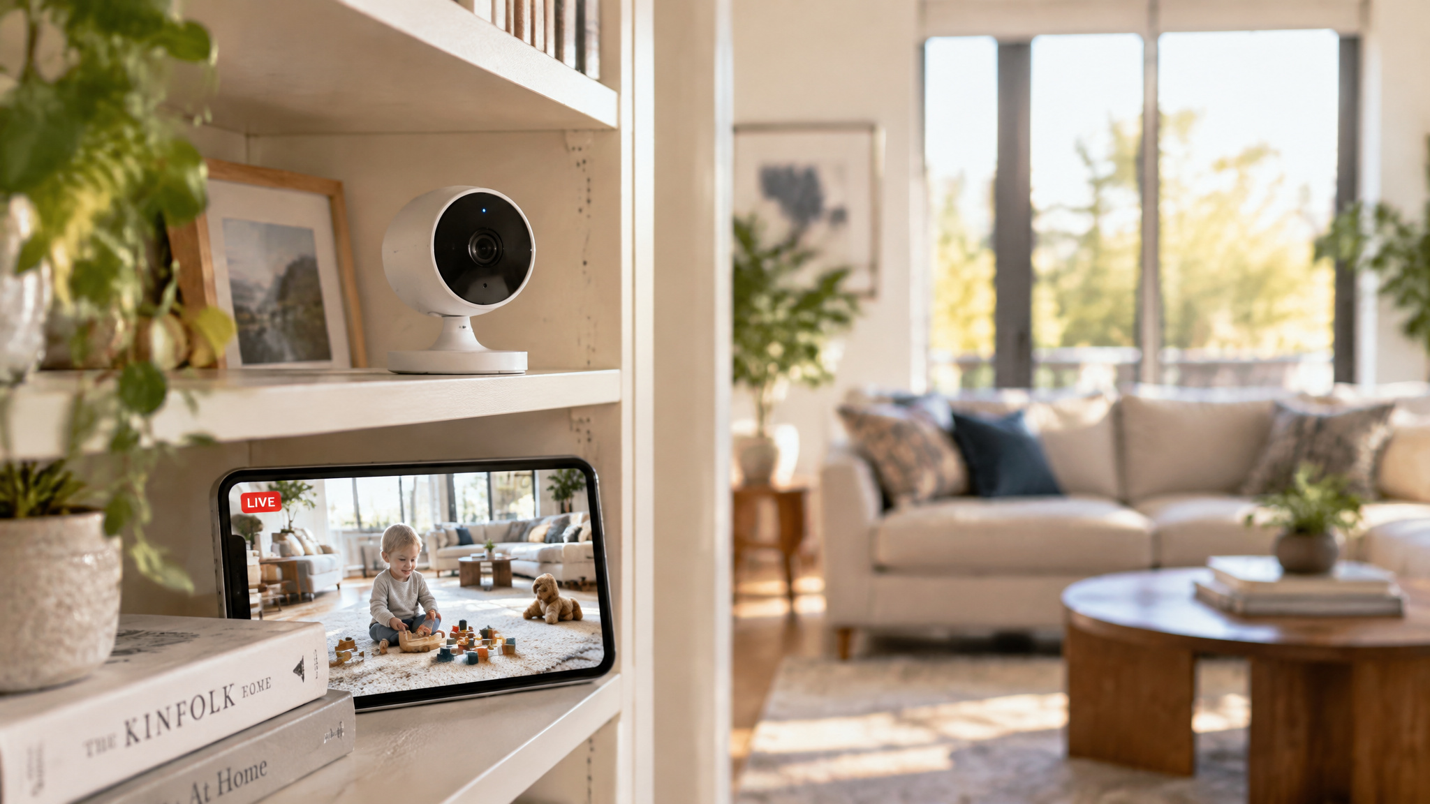 Smart home living room with a tablet showing a child playing with toys, a white camera on shelf, natural light, plants, and cozy seating.