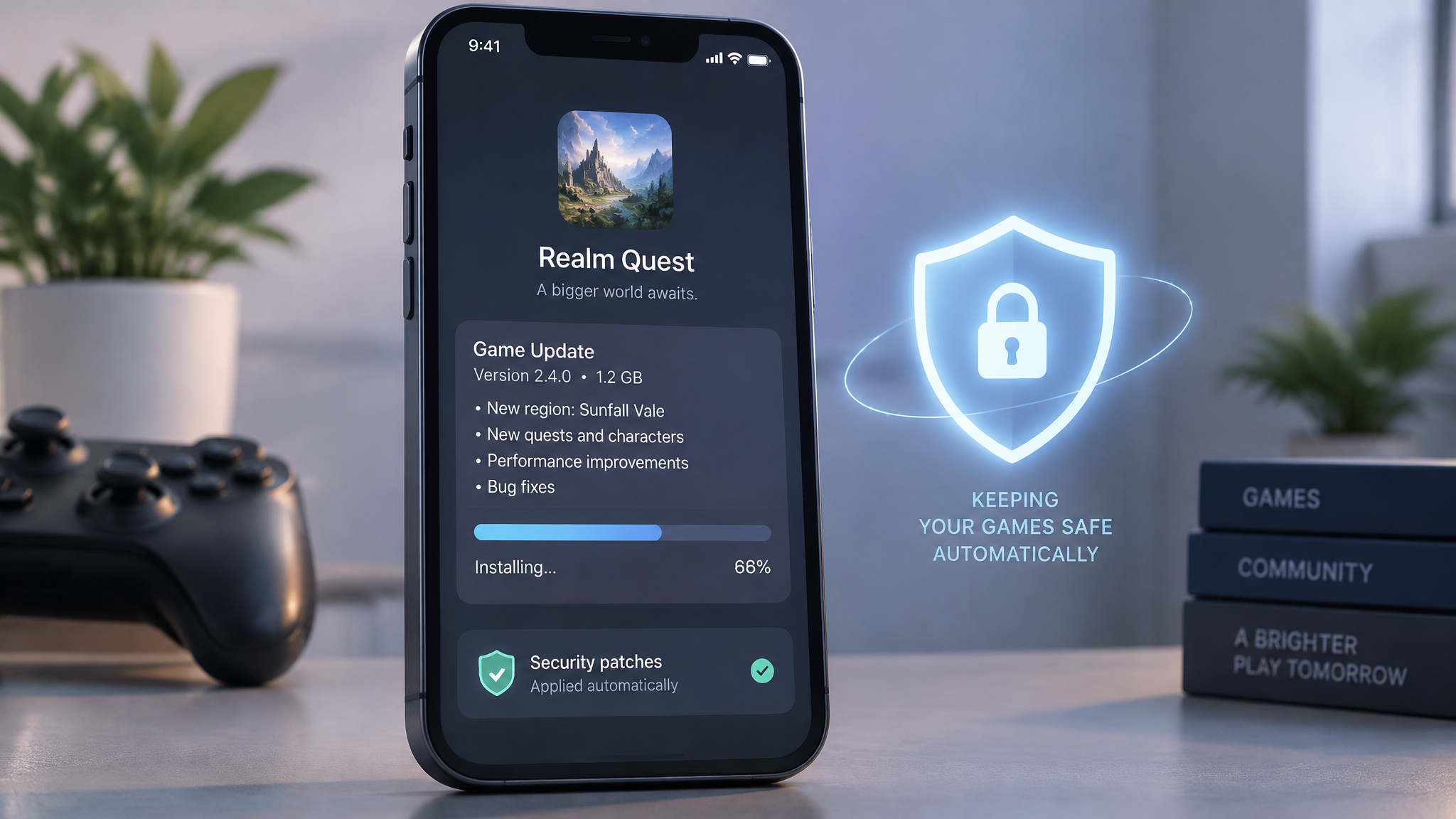Online Safety Tips for Gaming: The 'Rules'N Tools' Framework 3 Smartphone showing automatic game updates and security patches for protection.