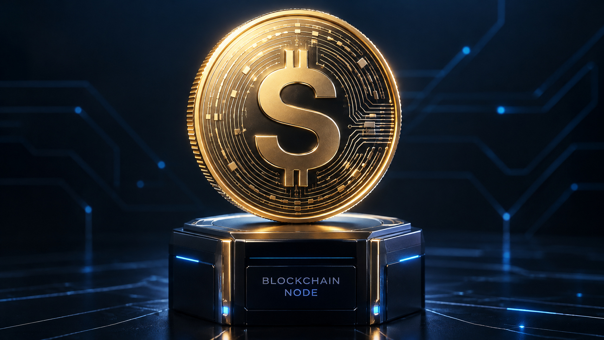 A digital gold cryptocurrency coin with a dollar sign, symbolizing digital currency and blockchain technology, displayed on a futuristic blockchain node platform.