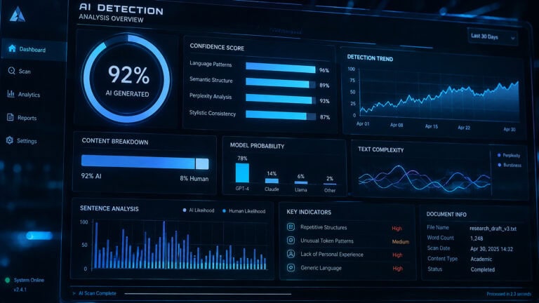 AI detection analysis dashboard showing 92% confidence score, detection trend, content breakdown, model probability, and sentence analysis for AI and human content.