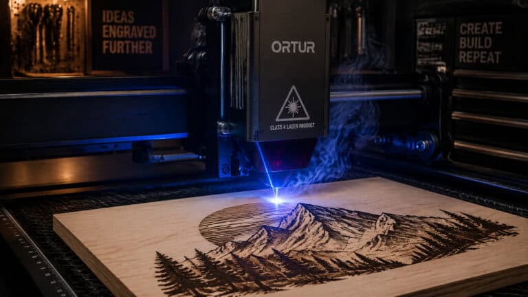 Laser engraving machine creating detailed mountain landscape on wood, showcasing precision and craftsmanship in laser technology.