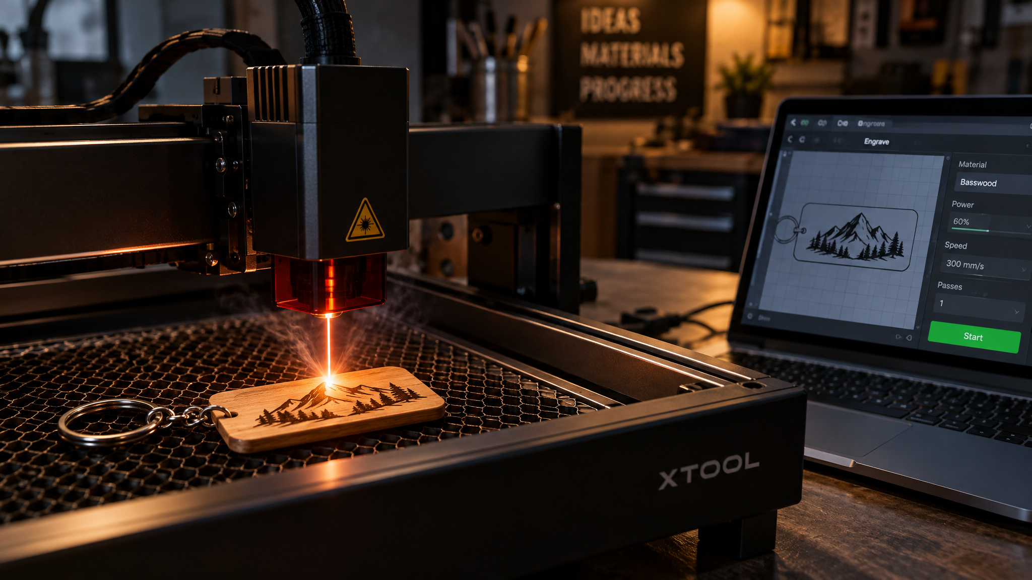 Laser engraving machine engraving a design onto a wooden keychain in a modern workshop setting.