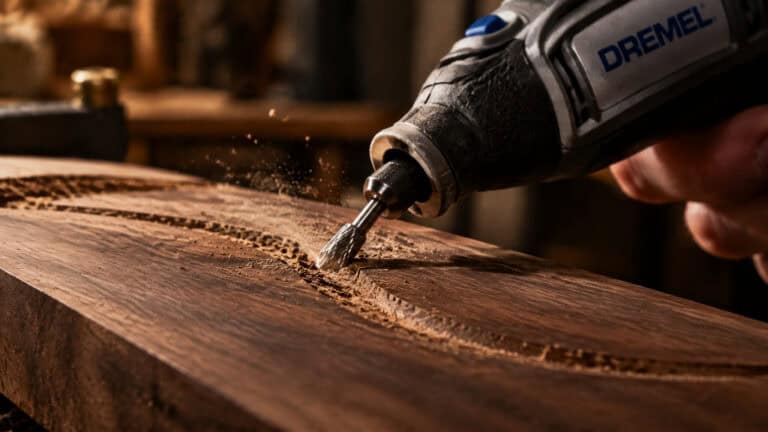 Close-up of a person using a Dremel rotary tool to carve or sand a wooden surface in a woodworking workshop.