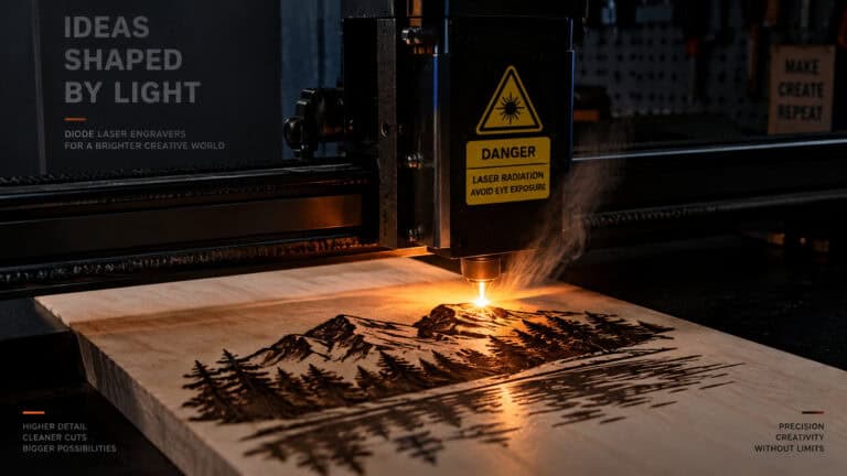 Laser engraving machine in action creating detailed mountain and forest scene on wood surface, showcasing precision and craftsmanship.