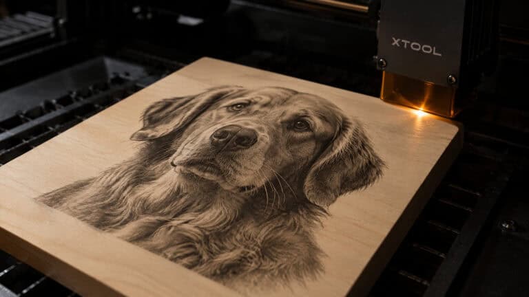 Laser engraving machine carving a detailed portrait of a dog on a wooden surface, showcasing precision technology and craftsmanship.