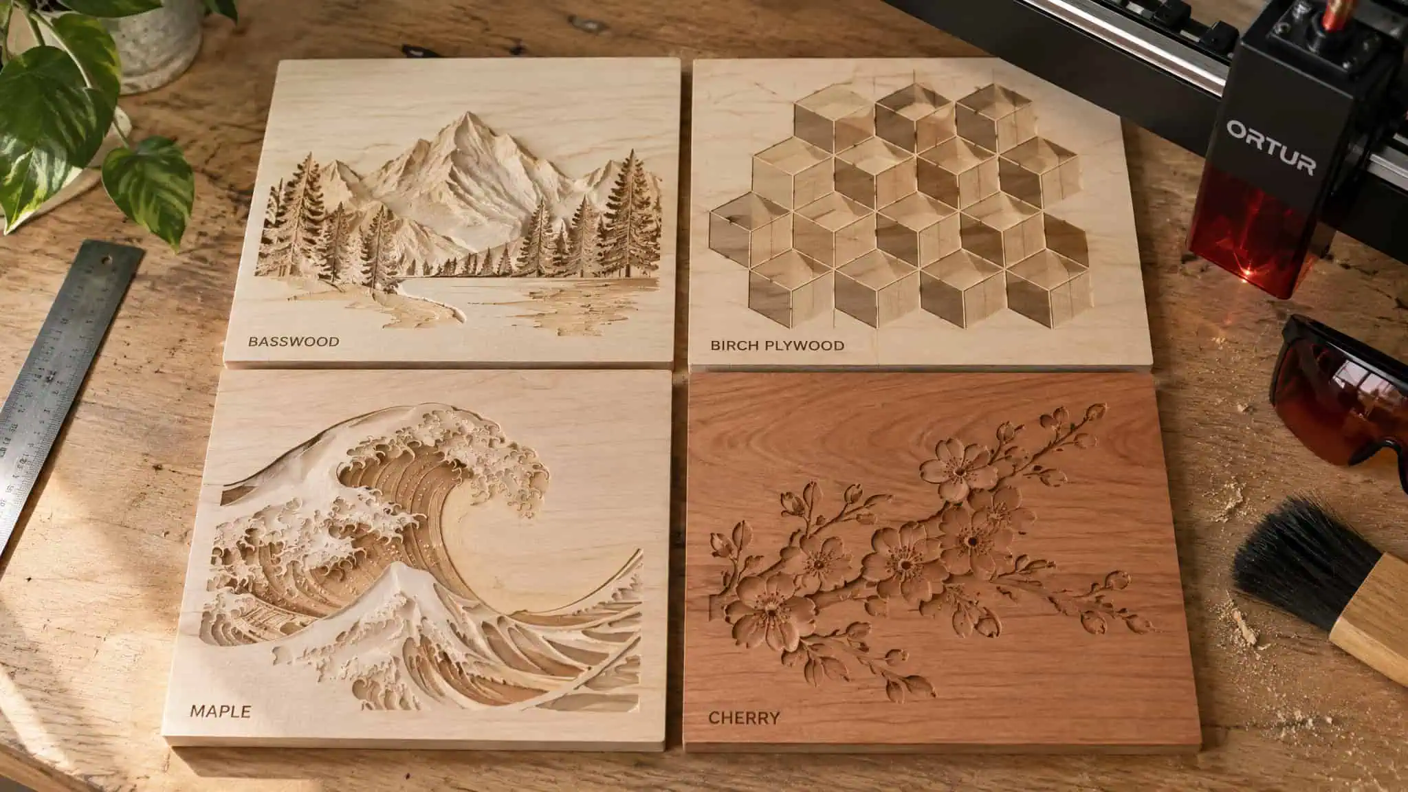 Basswood, birch plywood, maple, and cherry boards showing deep engraved relief detail quality comparison