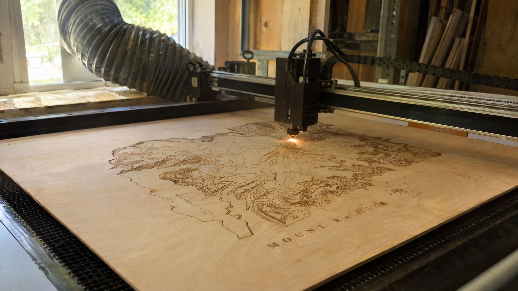 Birch plywood laser engraving showing grain and glue banding that affects photo consistency