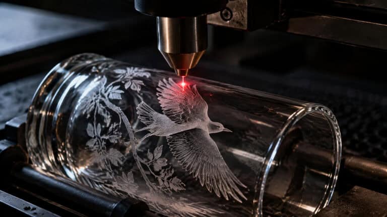 Laser engraving process creating a detailed hummingbird design on a glass tumbler, showcasing precision craftsmanship and artistic detail.