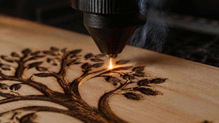 Close-up of a laser engraver etching a detailed tree design onto a wooden surface, showcasing precision and craftsmanship.