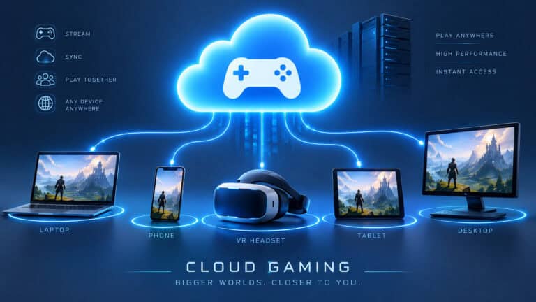 Cloud gaming concept featuring VR headset, laptop, phone, tablet, and desktop connected to a cloud server for seamless gaming experience.