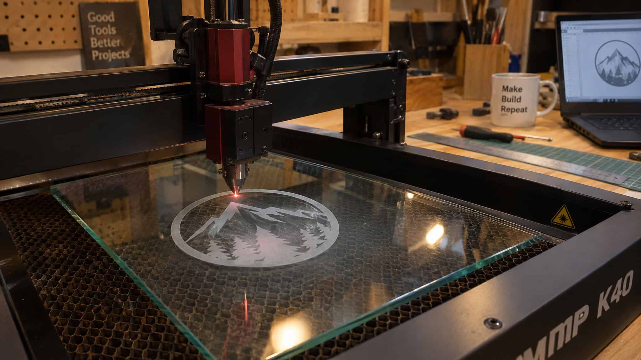 Desktop CO2 laser engraving frosted mark on glass surface at hobbyist workbench