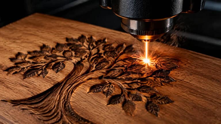 Close-up of a laser engraver carving a detailed tree and leaves design into a wooden panel, showcasing precision craftsmanship.