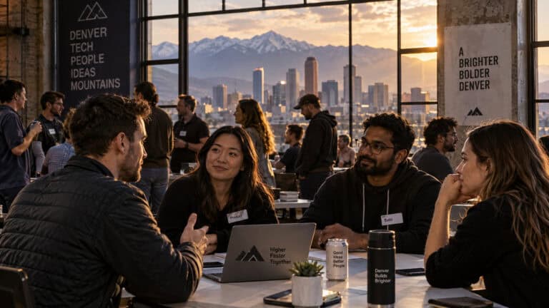 Attendees at a Denver tech conference engaging in discussions with city skyline and mountains in the background.