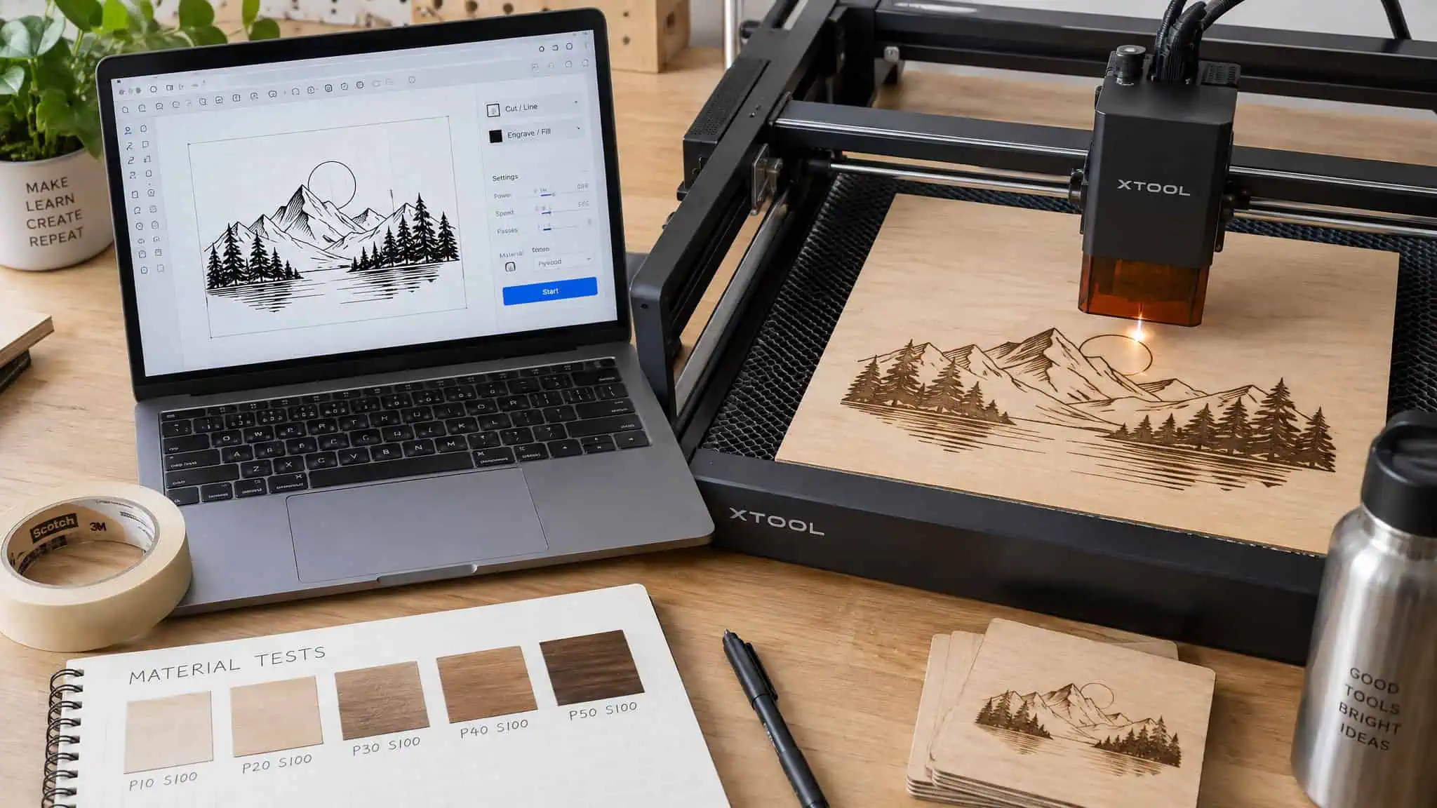 Laser to Engrave Wood: How It Works, and Why Wood Chars Instead of Vaporizing 3 Laptop design software and laser engraver burning a plywood board, showing the design-to-engraving workflow