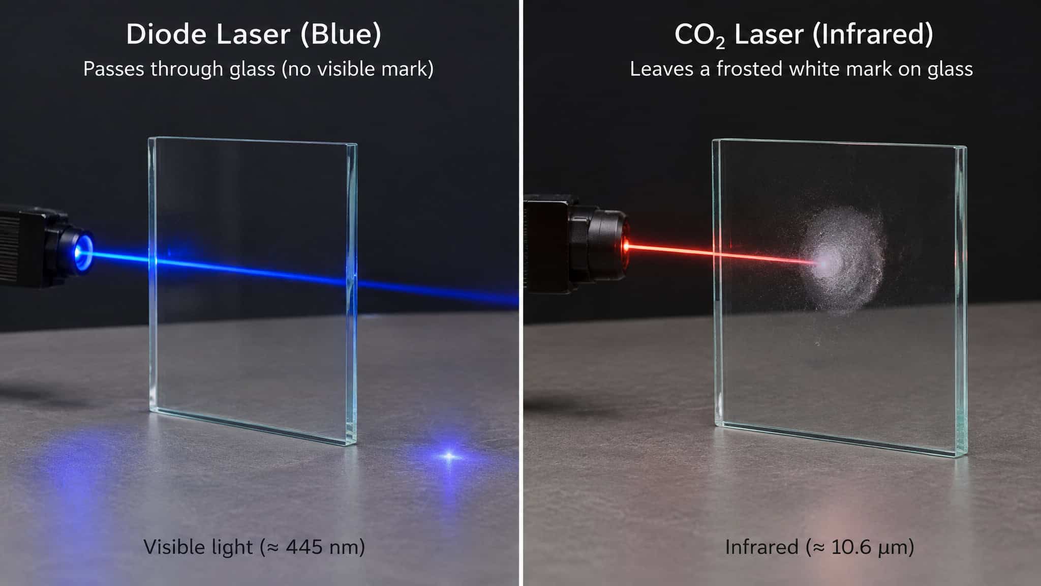 Can You Laser Engrave Glass? Yes — and Why the Same Beam Can't Cut It 2 Diode laser beam passing through bare glass while a CO2 laser frosts the surface