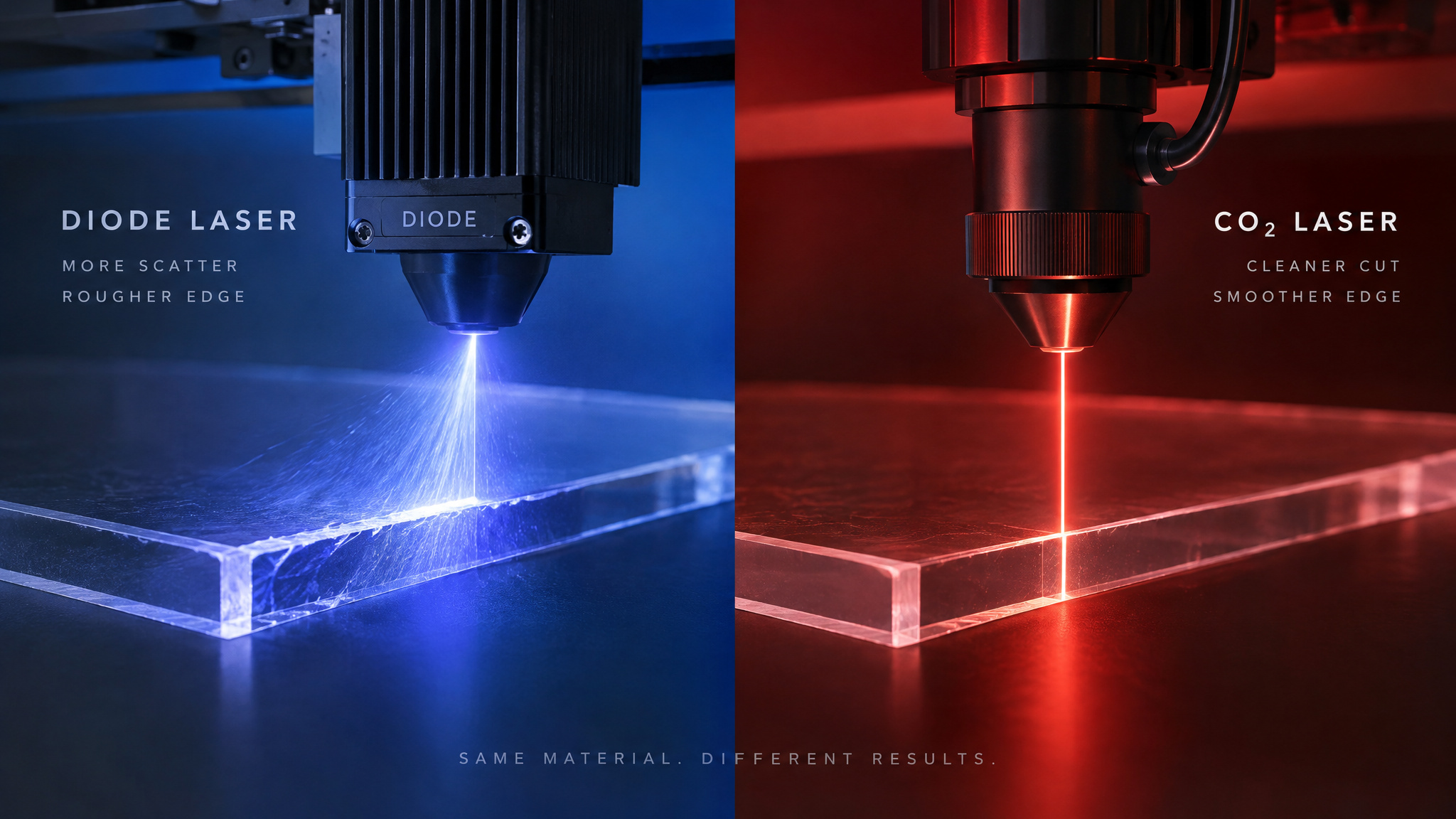 Diode versus CO2 laser wavelength difference cutting clear acrylic sheet