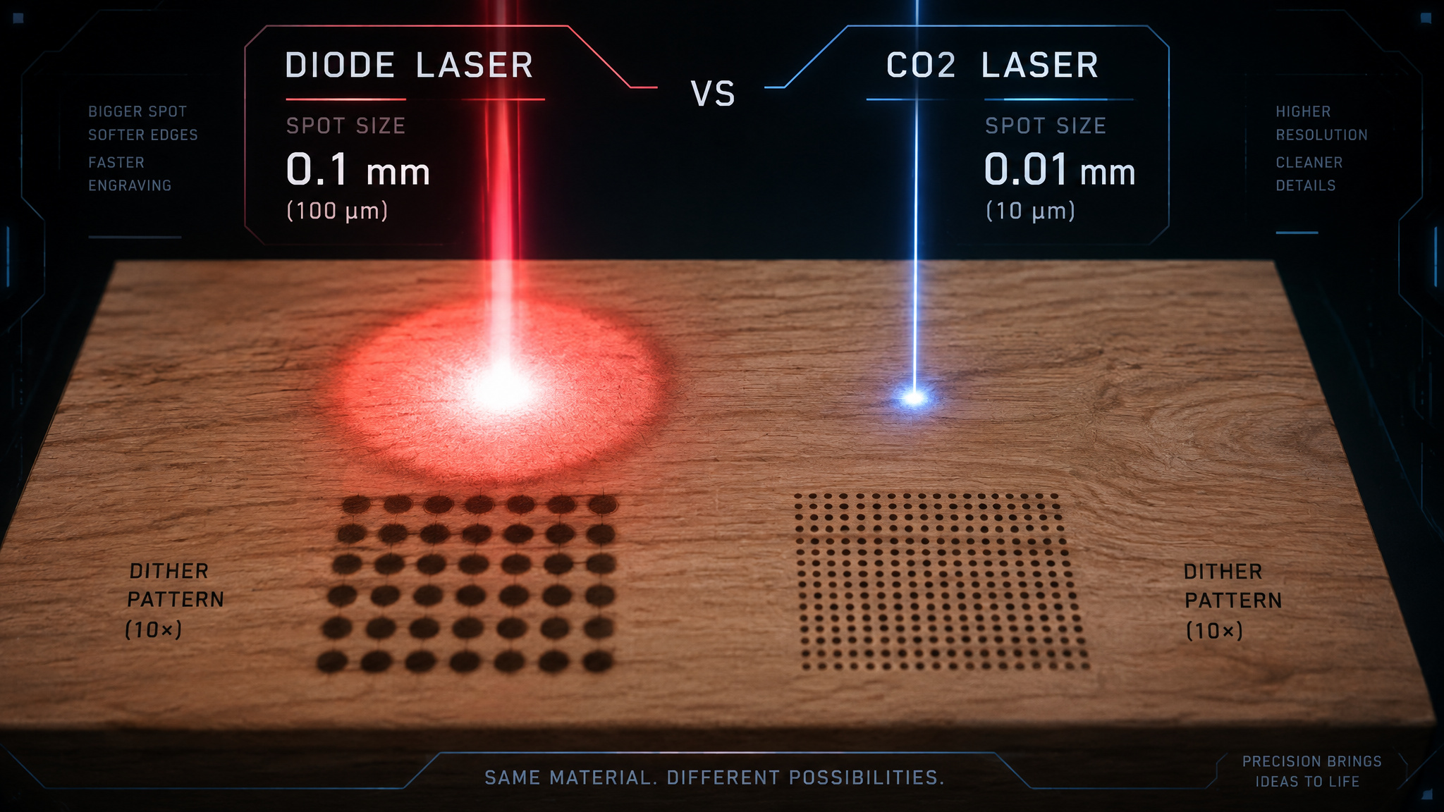 Diode versus CO2 laser spot size explaining why photo DPI settings differ by machine