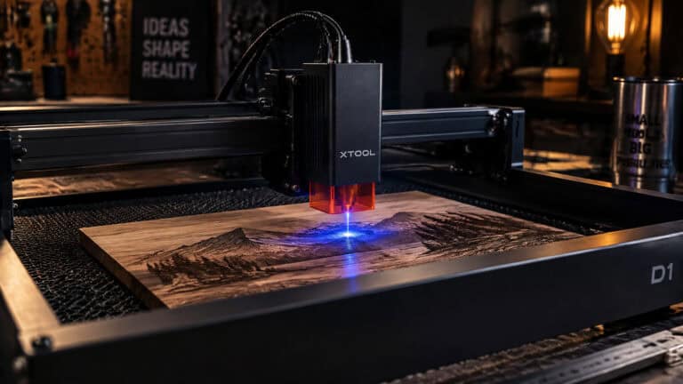 High-precision laser engraving machine etching detailed landscape on wooden surface at GeekExtreme.