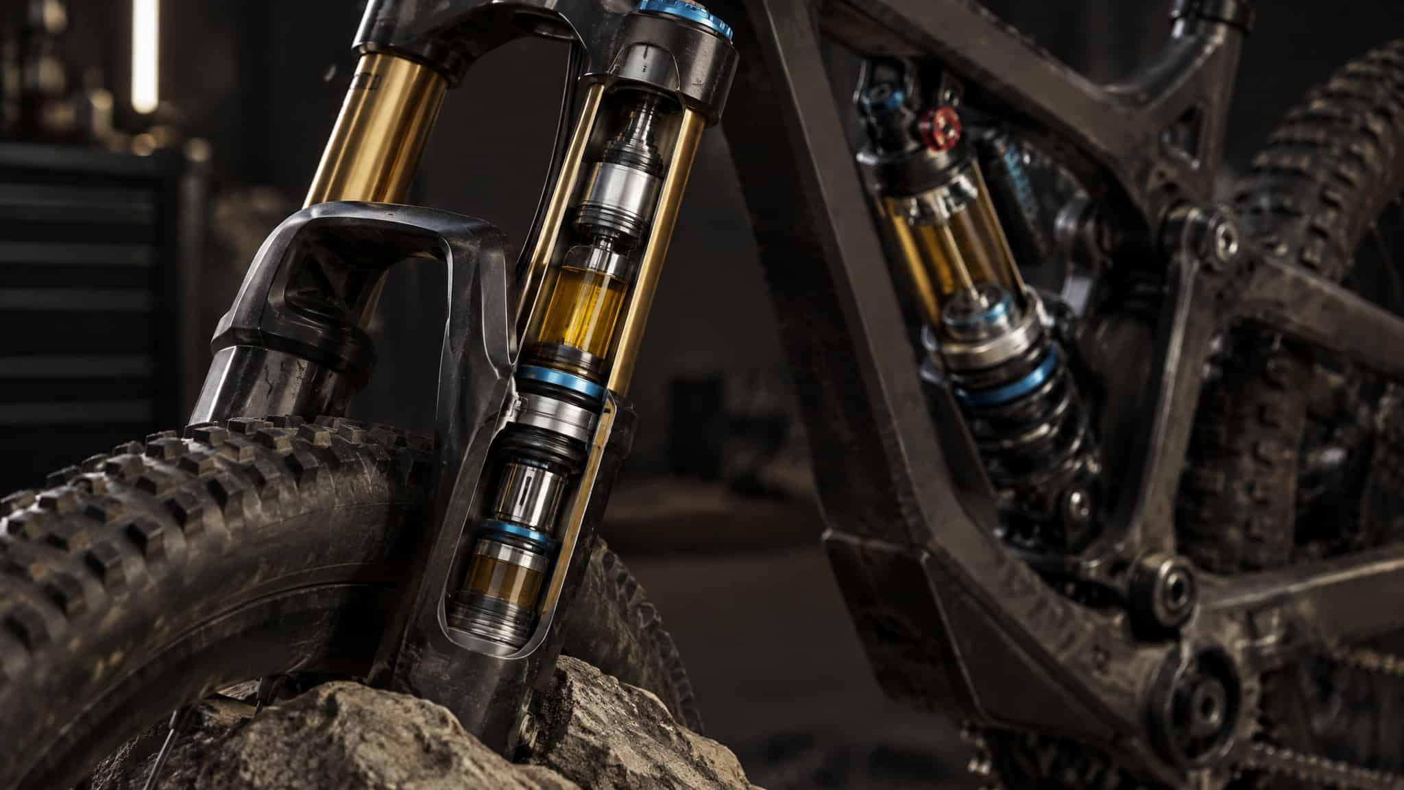 Electric Dirt Bike Suspension Guide: What 220mm of Travel on a 110-Lb Bike Actually Requires 2 How electric dirt bike suspension works: hydraulic fork and nitrogen-charged rear shock under heavy sprung mass