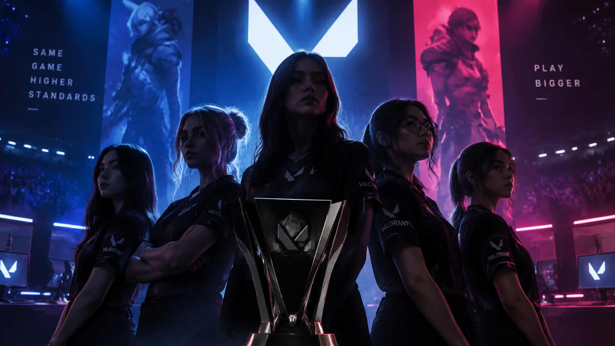 A professional esports team standing confidently in a gaming arena with vibrant LED lighting and large screens displaying game graphics.