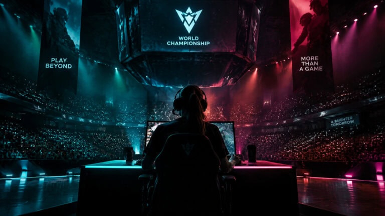 A gamer at a professional eSports event with vibrant lighting and large screens displaying the World Championship logo.