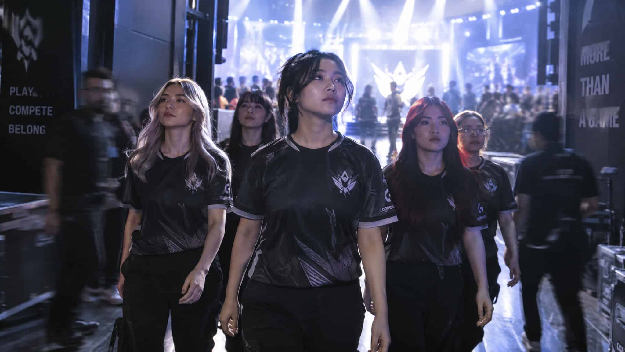 All-women esports team heading to stage, symbolizing female-only leagues as temporary scaffolding