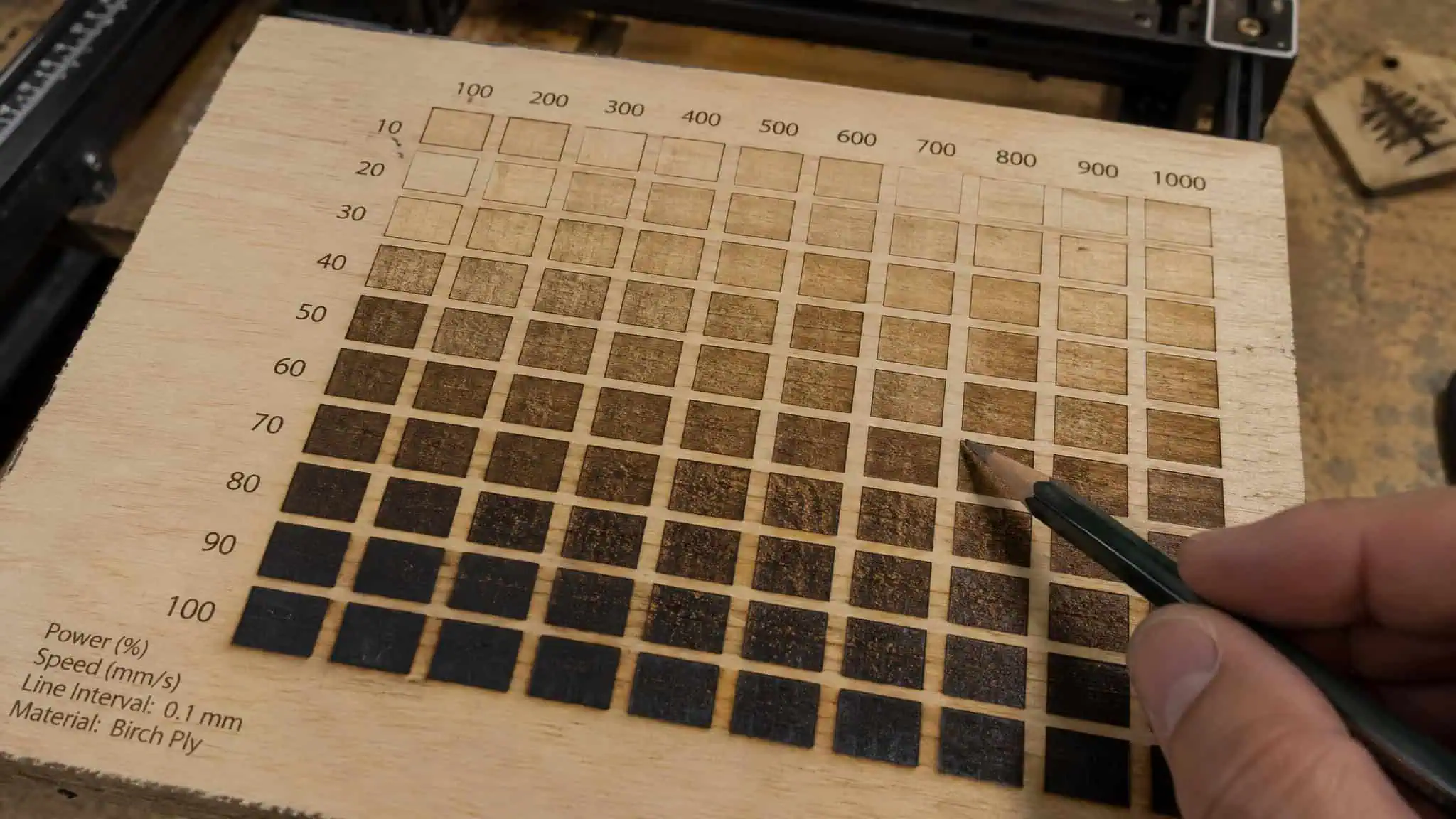 Fiber Laser Settings for Wood: Why the Chart Can't Exist (and What to Do Instead) 4 Labeled test grid on scrap wood for dialing in fiber laser settings safely