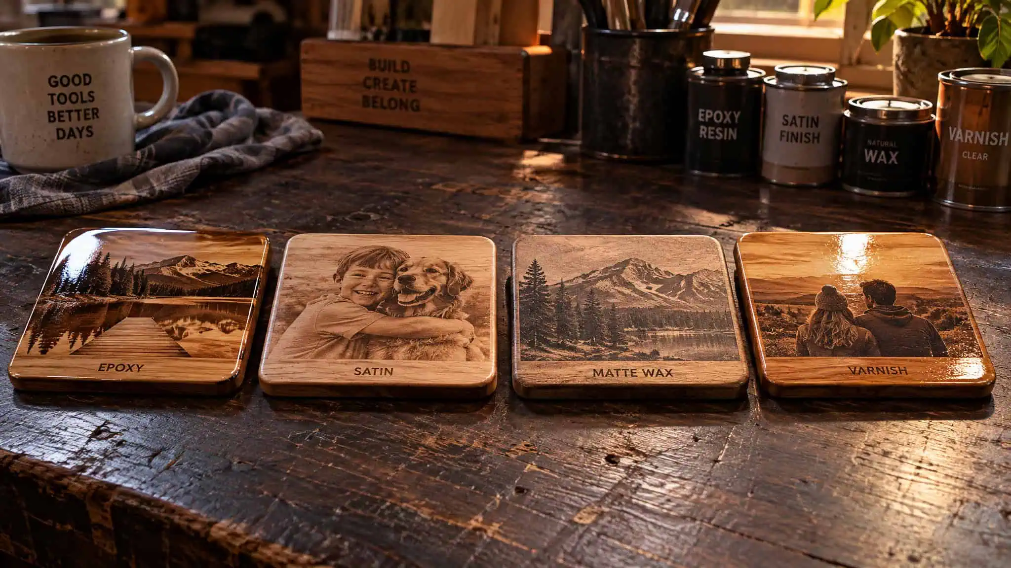 Best Wood for Laser Engraving Photos: Ranked by Contrast, Grain, and Resin 4 Finish choices for a laser-engraved photo compared on coasters from epoxy gloss to matte wax