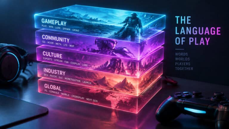 Visual representation of gaming layers including Global, Industry, Culture, Community, and Gameplay with neon lighting and gaming controllers.