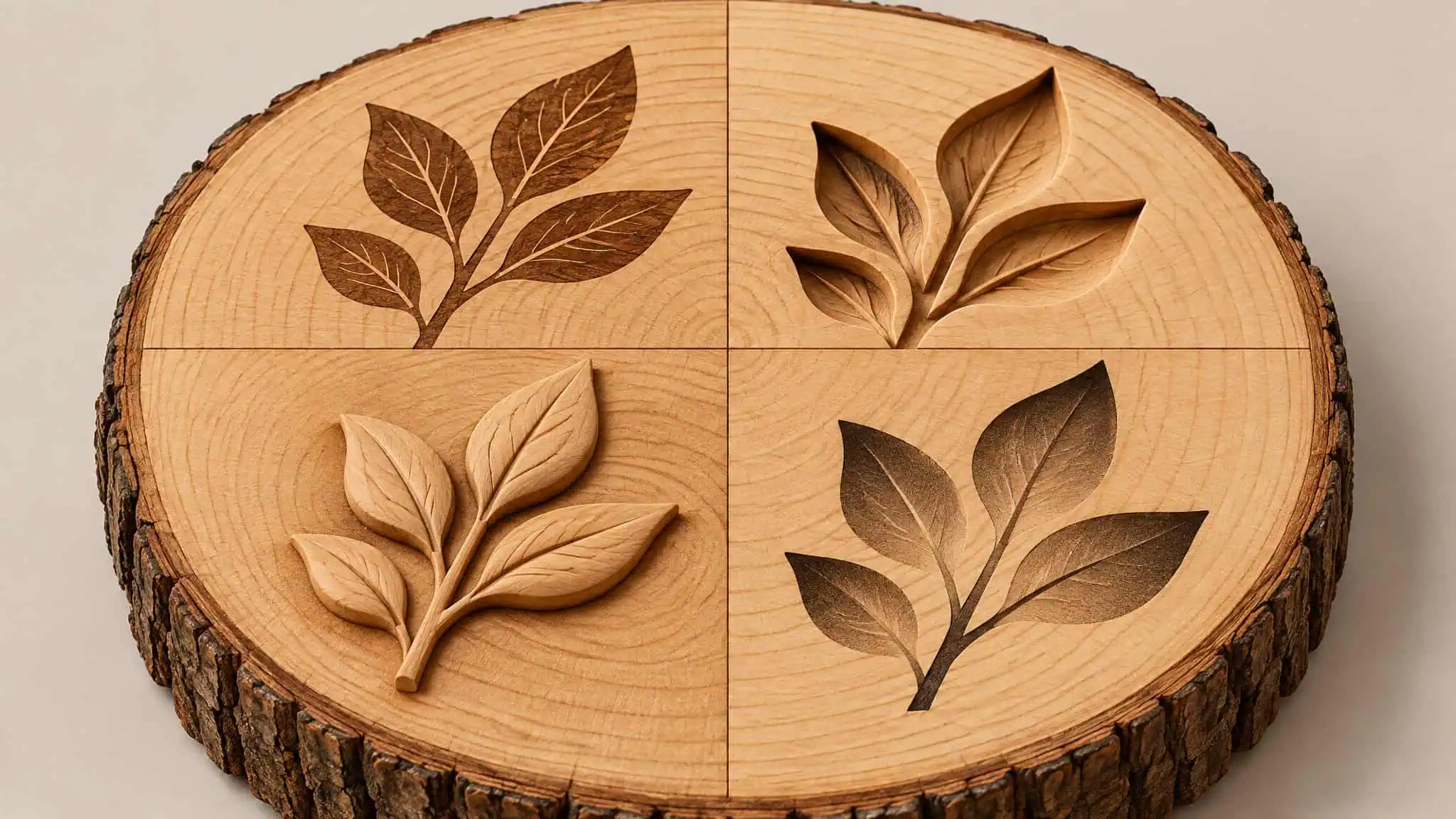 Diagram of uniform, concave, and convex engraving modes driven by grayscale depth mapping on wood
