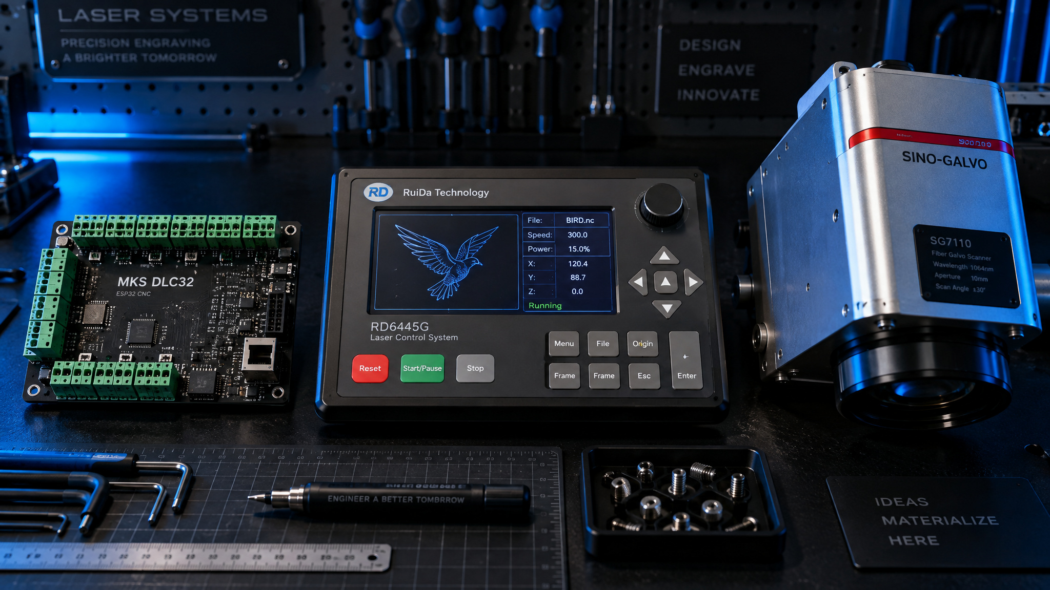 Three laser controller types compared: grbl G-Code board, DSP Ruida panel, and galvo fiber head