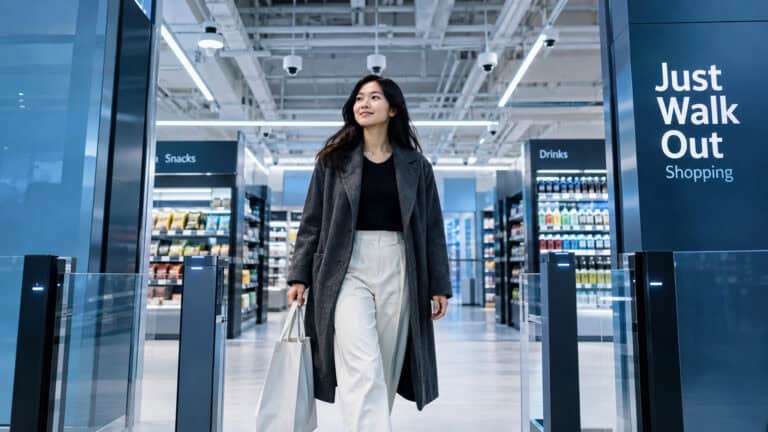 Young woman shopping in a modern supermarket, carrying a shopping bag, with signs indicating 'Just Walk Out' and various snack and drink sections in the background.