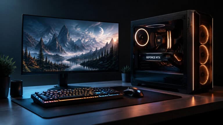 Gaming computer setup featuring a high-end NVIDIA GeForce RTX graphics card, a large monitor displaying a fantasy landscape, and RGB lighting in a dark room.