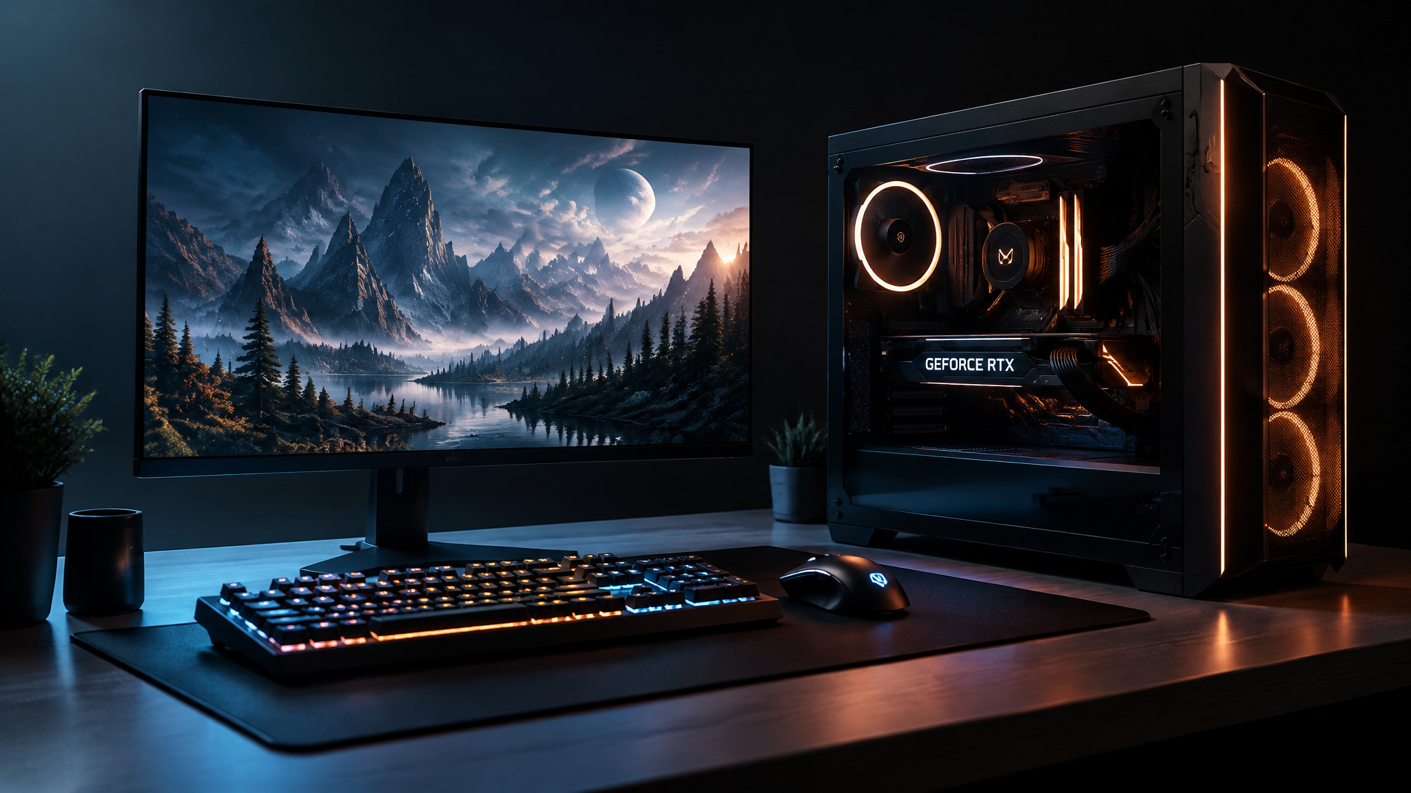 Gaming computer setup featuring a high-end NVIDIA GeForce RTX graphics card, a large monitor displaying a fantasy landscape, and RGB lighting in a dark room.