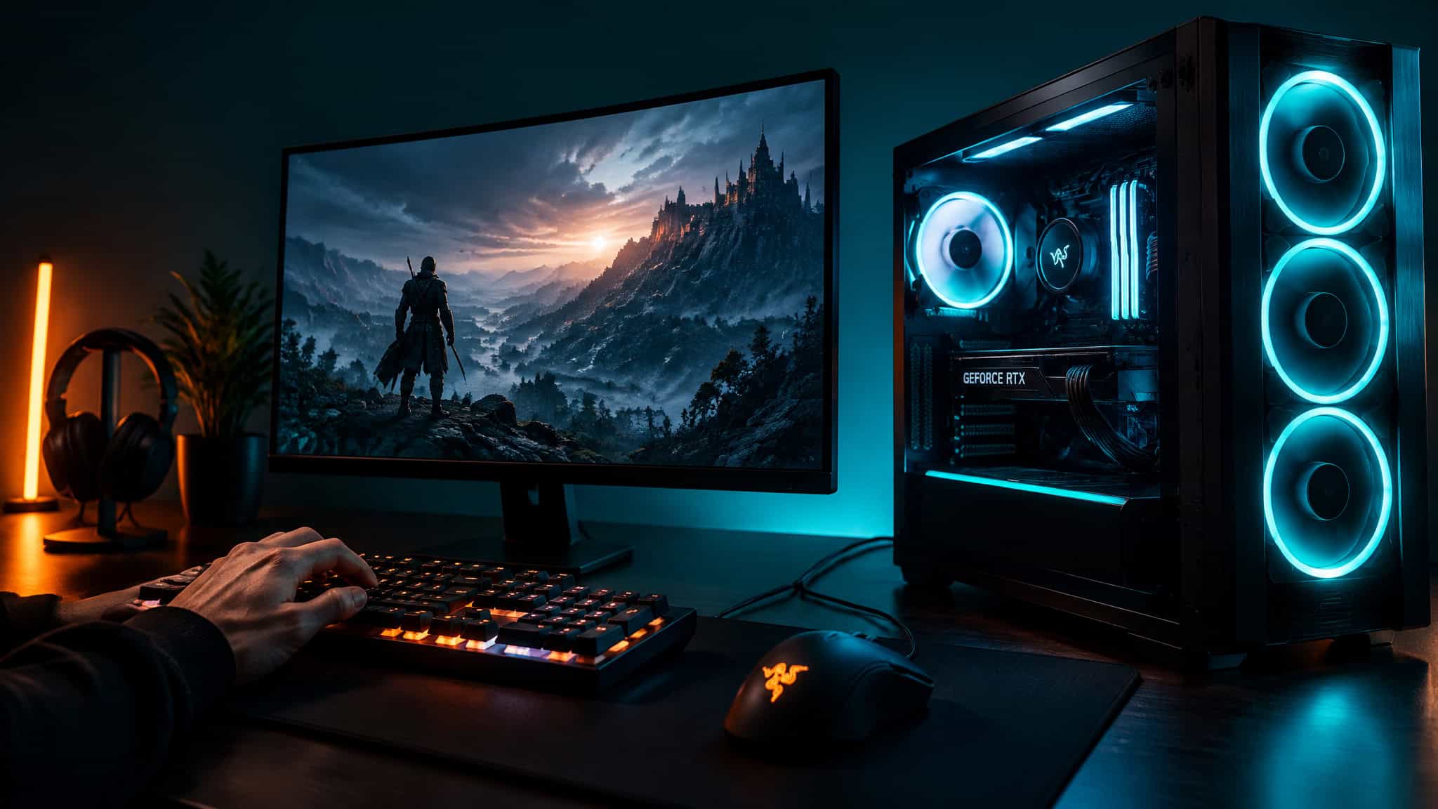 Gaming computer setup with a large monitor displaying a fantasy landscape, illuminated RGB fans, and a mechanical keyboard in a dark room.