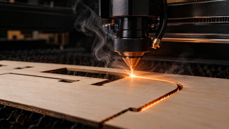 Industrial laser cutting machine engraving a wooden panel with precision and sparks flying, showcasing advanced manufacturing technology.