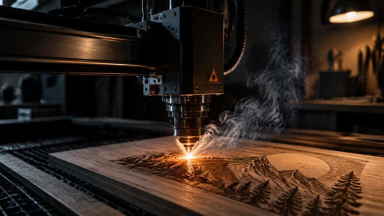 Close-up of a laser engraving machine etching detailed mountain and forest landscape onto a wooden board, with visible smoke and precise laser beam.