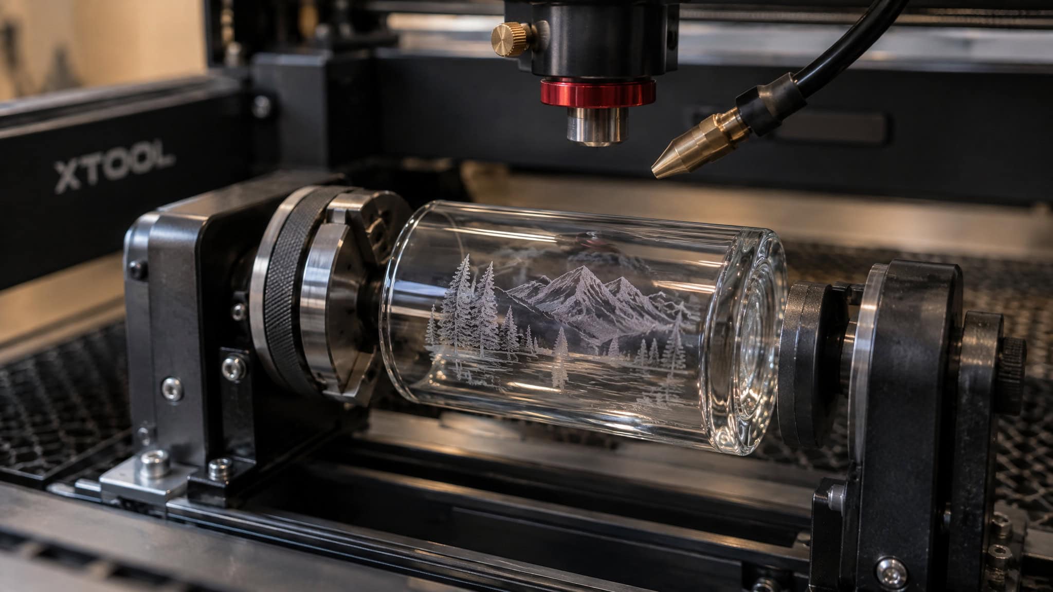 Laser Engraving Glass Power Settings: Tested Starting Points by Wattage (40W–100W CO2) 3 Glass tumbler on rotary attachment showing focus height and scan angle setup variables